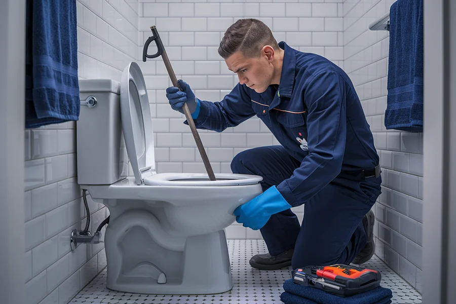 Peter from Johnson Plumbing cleaning a toilet drain in Asheville, NC Johnson Plumbing Asheville NC drain cleaning