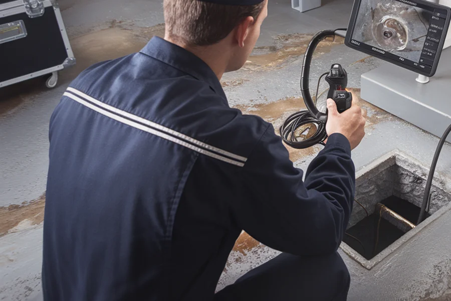 Graham from Johnson Plumbing using pipe video inspection equipment in Asheville, NC Johnson Plumbing Asheville NC video inspection