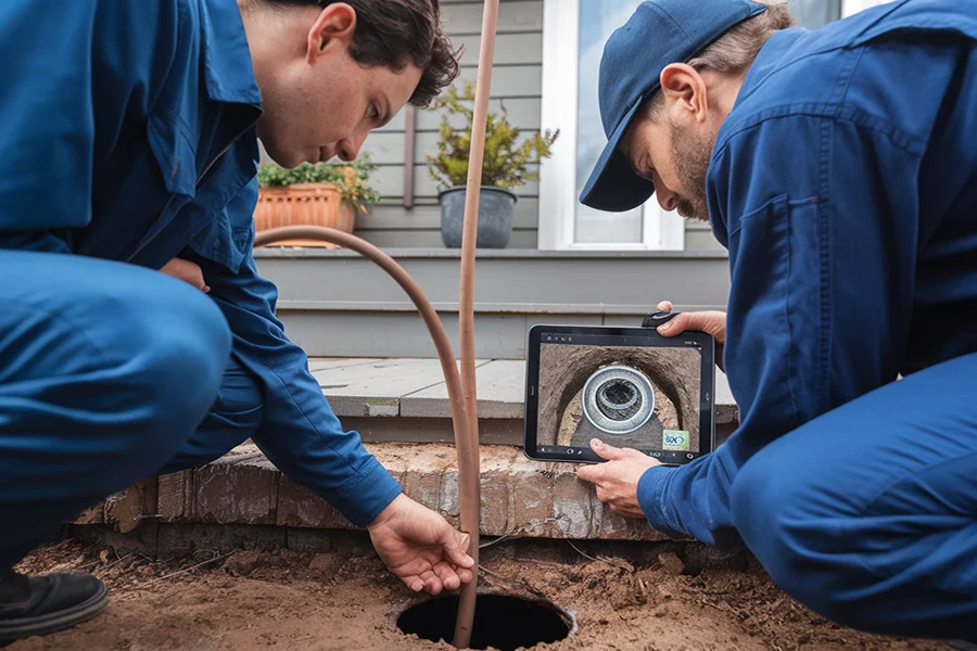 William and Joey from Johnson Plumbing performing a pipe video inspection in Asheville, NC Johnson Plumbing Asheville NC video inspection